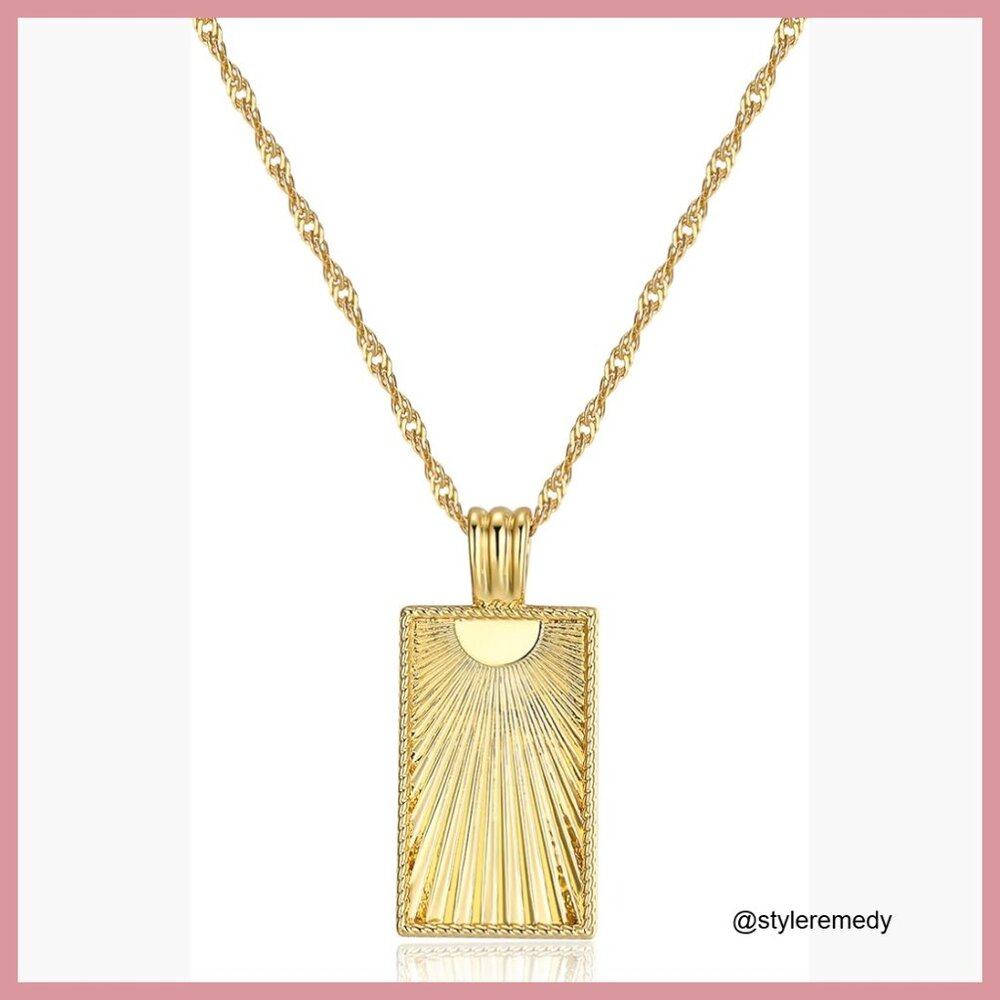 Gold Plated Sunburst Beam Tag Pendant Necklace with Cable Chain